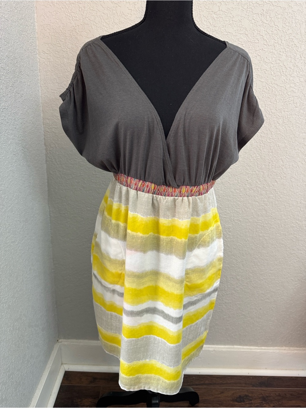Scrapbook Originals Gray and Yellow Stripe Waist-Detail Dress